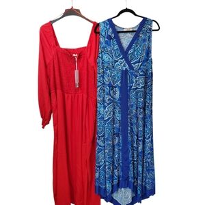 🍁Red Long Sleeve Dress and Blue Paisley Sleeveless Dress Size 2X